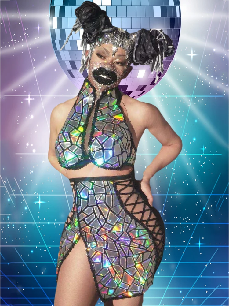 

Sparkly Mirror illusion PsychedelicFashion Shining AB Colors Evening Party Wear Two Pieces Set Dress Singer Birthday Celebrate