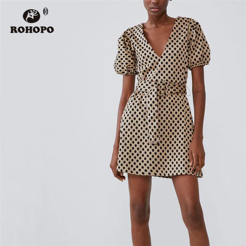 ROHOPO черный полк точка Pullf короткий рукав Джерси хаки черное платье осень женщина