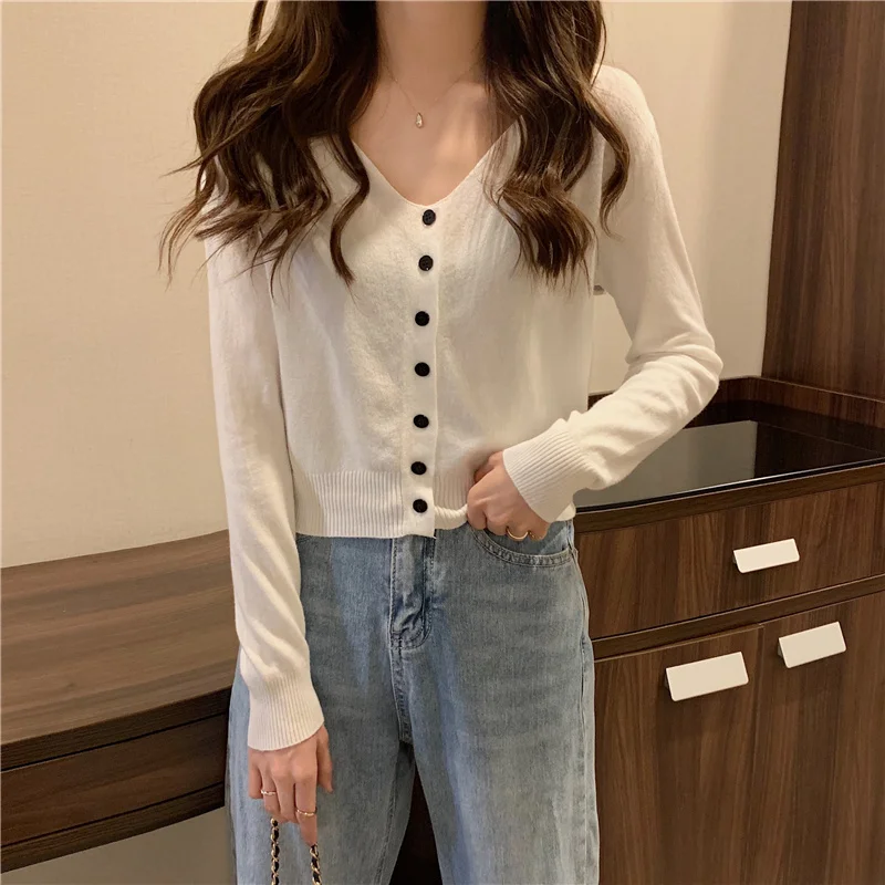 

Women's Knitted Cardigan 2021 Early Autumn New Korean Style Versatile V-neck Thin Coat off-Shoulder Short Solid Color Top