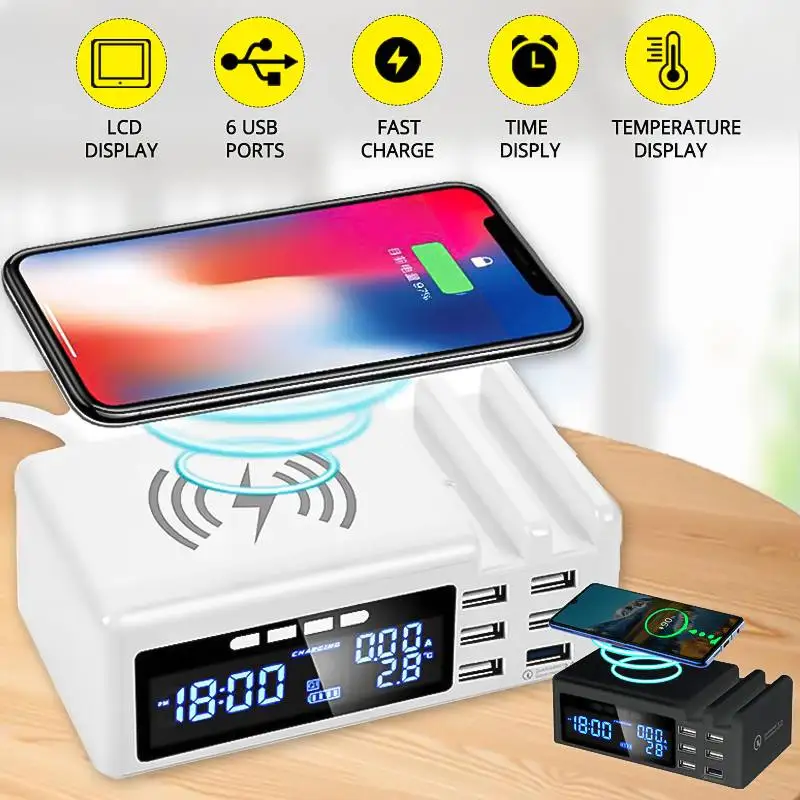 45 Вт ЕС Qi Беспроводное зарядное устройство QC3.0 6USB Смарт ЖК часы 5 портов 2.1A адаптер