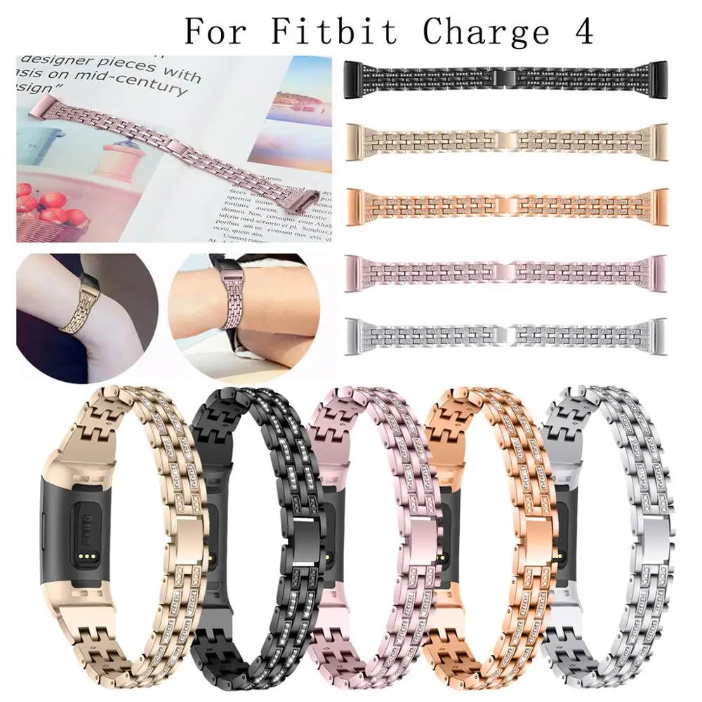 

For Fitbit Charge 4 five rows of two beads diamond Strap Stainless Steel Metal Wristband Watch sport band Strap Bracelet Replace