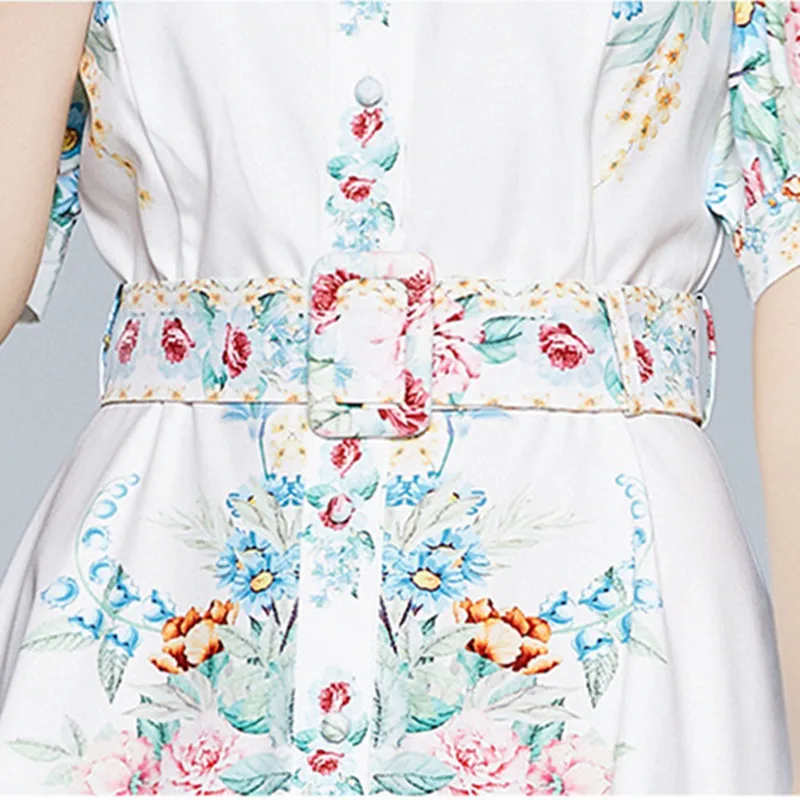 

New Summer Print Floral Dress Women Lapel Single-Breasted Sash Party Dress Elegant Female Short Sleeve Flower Mini Dress k1806
