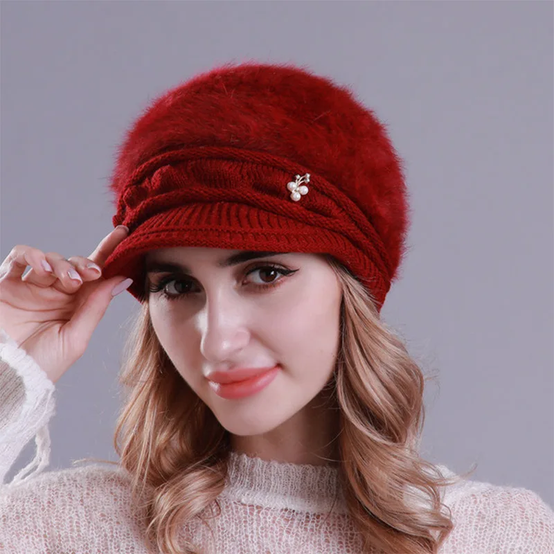 New rabbit hair cap children duck tongue knitted thickened to keep warm beret autumn and winter ear with eaves |