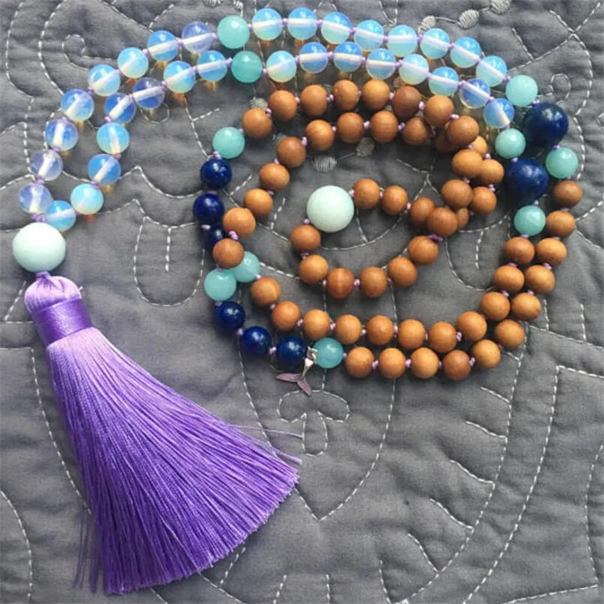 

Opal Aguamarine gemstone Tassel necklace 108 Beads All Saints' Day Souvenir Classic Diy Bohemia Chain National Style Bless