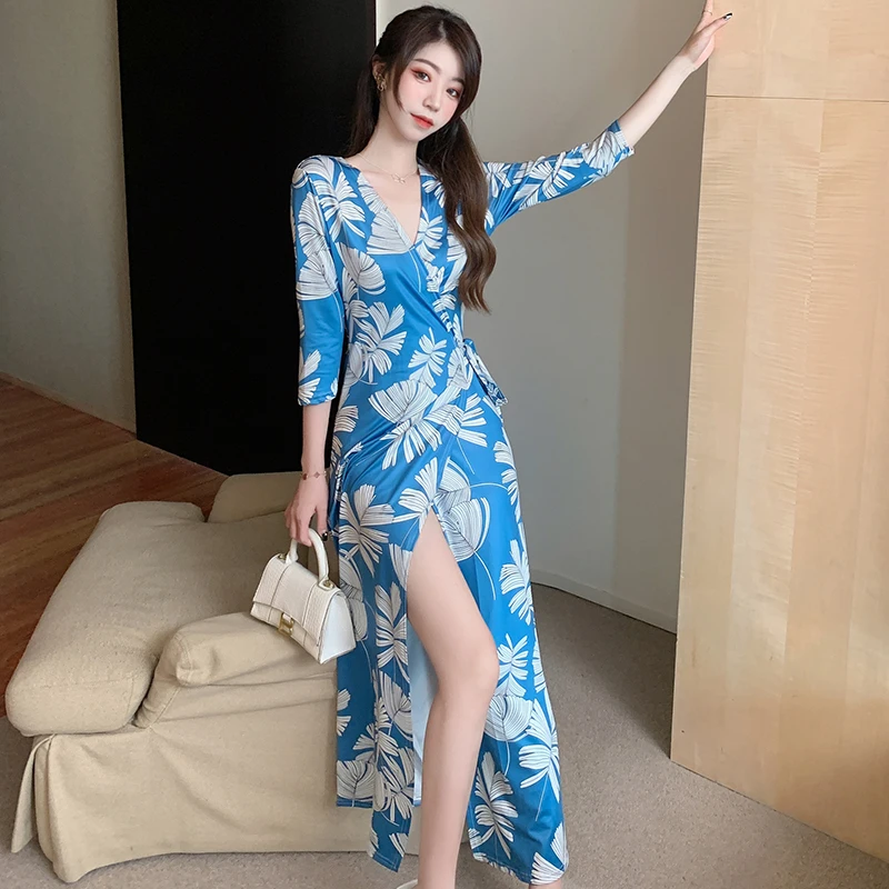 

Three-quarter Sleeve V-neck Korea Women Bohemian Beach Maxi Wrap Dresses Lace-up Elegant Ladies Holiday Floral Dress Clothes
