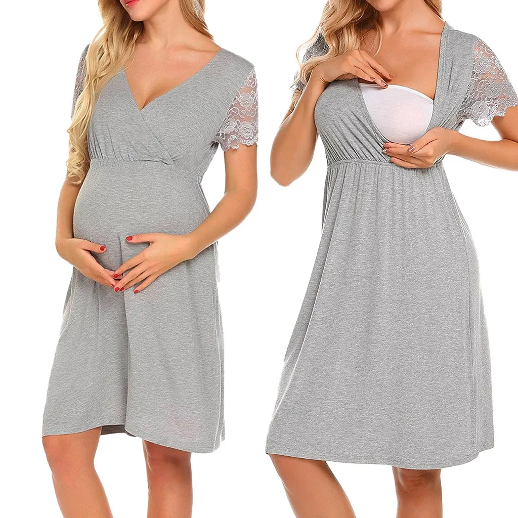 

2020 Maternity Clothes Womens Nursing Nightgown Pregnancy Dress Lace Splice Maternity Dress Pajamas Vestido De Pijama Mujer