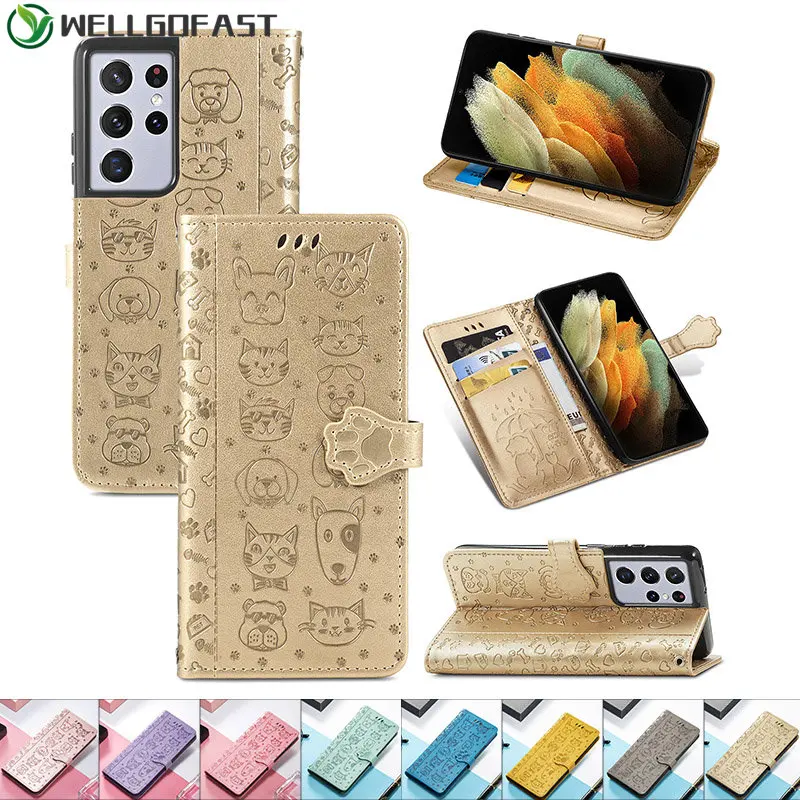 

For Samsung Galaxy S20 S21 Ultra S10 S9 S8 Plus S21 S20 FE Wallet Flip Leather Phone Cases 3D Cat Dog Embossed Kickstand Cover