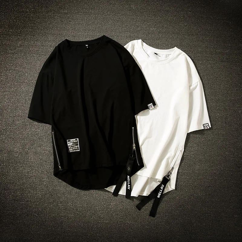 

Streetwear Cotton Men T-shirt Half Length Tee Shirt Homme Hip Hop Ribbons Side-zipper Short Sleeve Men T Shirt