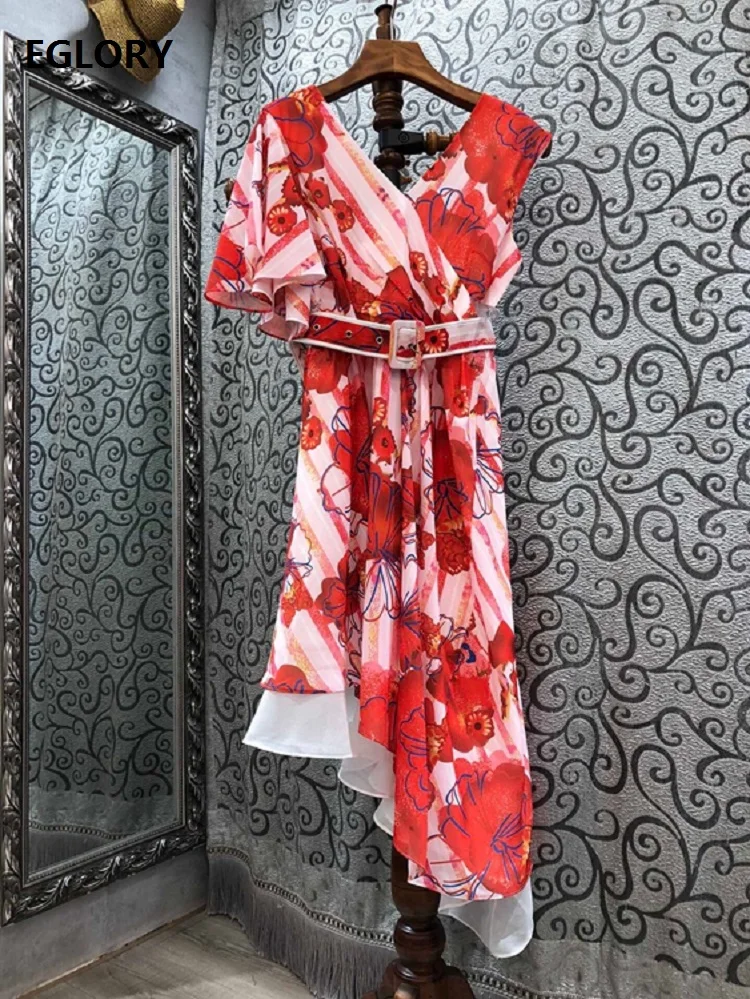 

Newest Fashion Summer Dress 2021 High Quality Women Sexy Deep V-Neck Red Floral Print Belt Deco Sleeveless Casual Club Dress