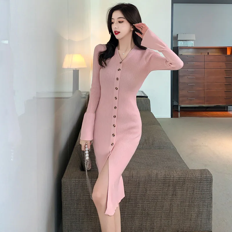 

Autumn Winter New Women Sexy Knit Dresses 2022 Temperament V-Neck Single Breasted High Waist Long Sleeve Female Office Dresses
