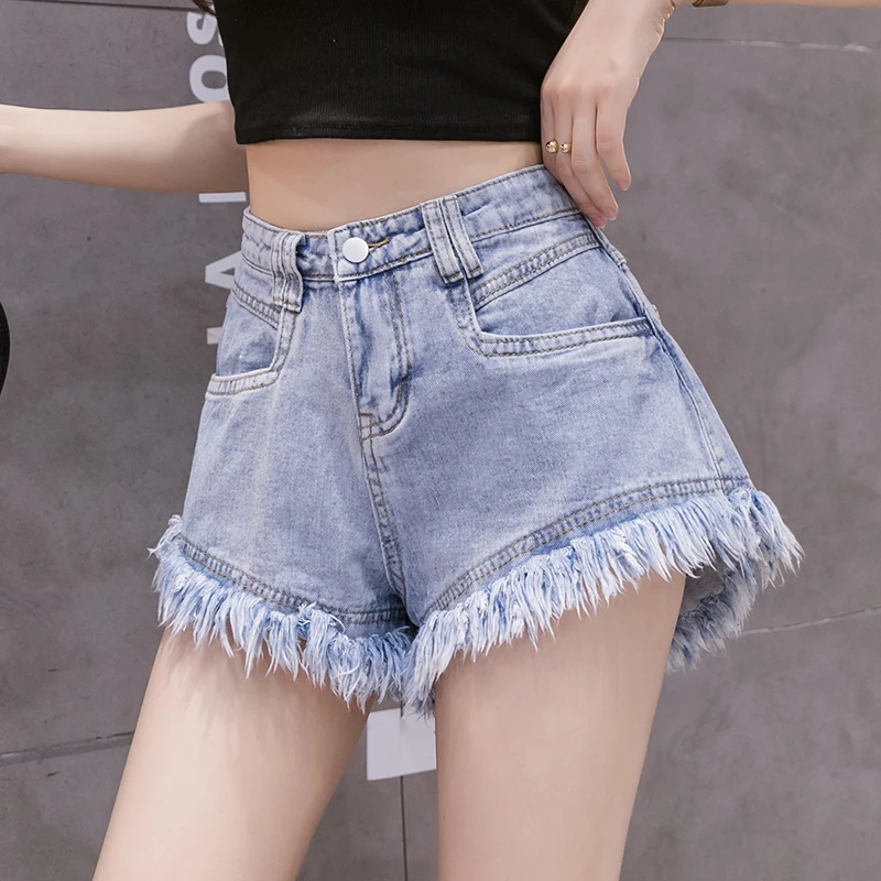 Women's Denim Shorts 2023 Summer Vintage Tassel Washed High Waist A-Line Wide Leg Ladies Hot Short Jeans Female Streetwear