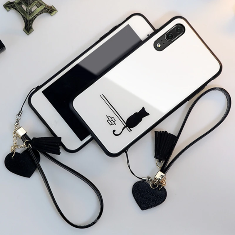 

Funny Black Cat Tempered Glass Case for iPhone 13 12 11 Pro Max 12 Mini X XR XS 8 7 6s Plus Hard Back Cover Strap