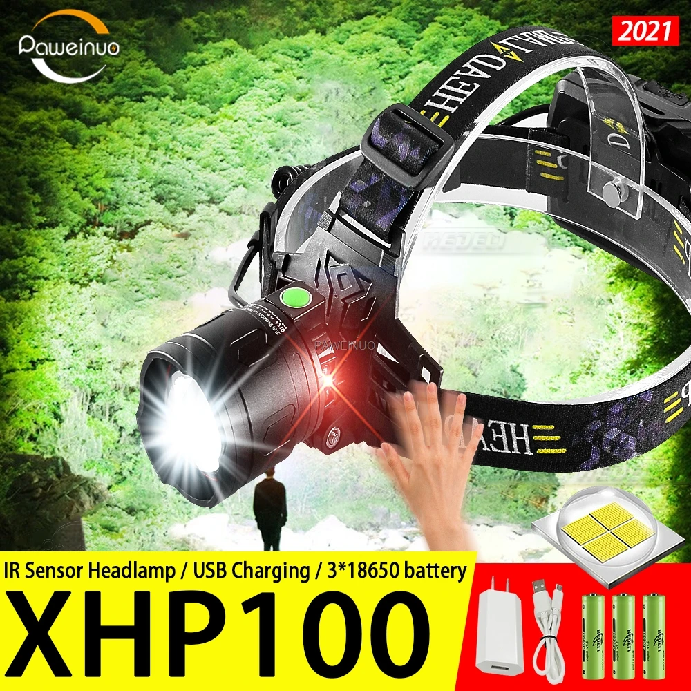 

2021 Новый XHP100 ИК-датчик светодиодная фара 18650 usb перезаряжаемые фары для автомобиля водонепроницаемый фонарь для кемпинга, мощный, фонарь для...