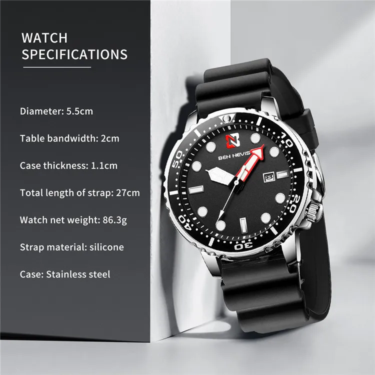 Модные мужские спортивные кварцевые часы Топ люксовый бренд Ben Nevis силиконовый