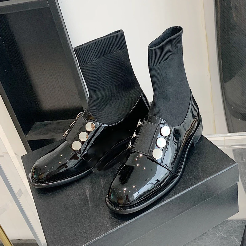 

High Quality Genuine Leather Boots Sock Female Boots Square Heels Pointed Toe 2021 Fashion Winter Shoes