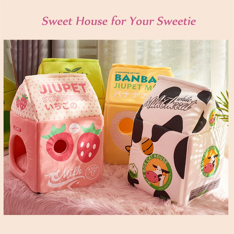 

Cute Pet Cat Bed House Strawberry Banana Milk Box Cat House Winter Warm Plush Soft Cave Cat Kitten Kennel Pet Supplies