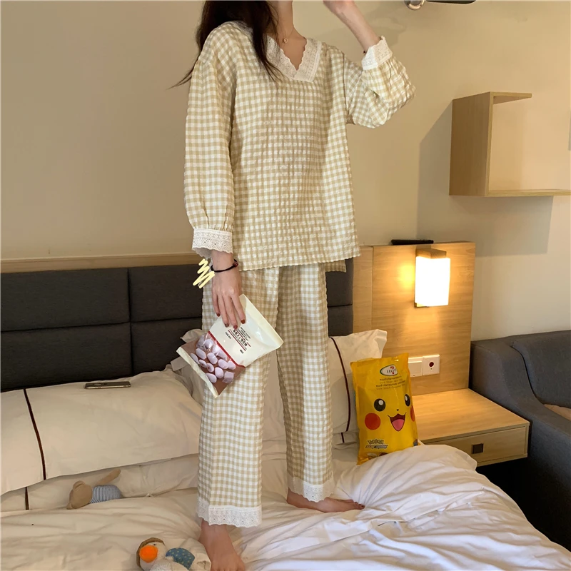 CAIYIER Korean Ulzzang Pink Plaid Print Pajamas Set Lovely V-Neck Girls Nightwear Loose Casual Long Sleeve Winter Homewear Suit