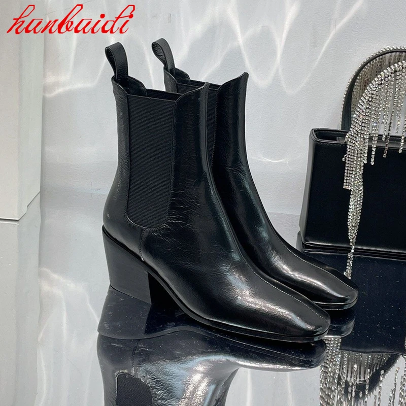 

New Winter Cowhide Shoes Shiny Surface Non Lace Sleeve Design Short Boots Simple Commuter Square Heel Shoes Single Shoes