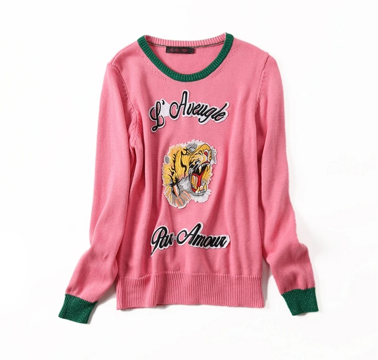 

New winter Pink tiger head embroidery D0803 round neck long sleeve knit sweater