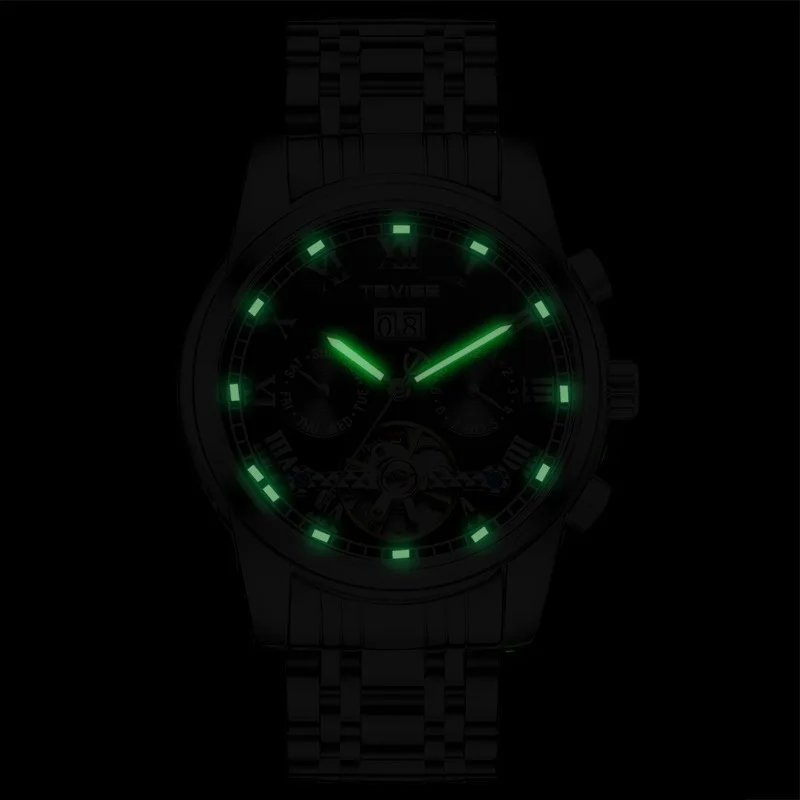Зеленые автоматические мужские часы TEVISE 9005 светящиеся механические с турбийоном