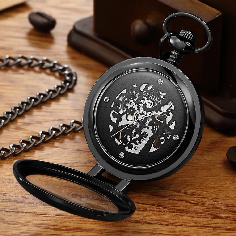 Vintage Table Stand Hollow Mechanical Pocket Watch Hand Winding Golden Men Women Watches with Fob Chain Clock reloj de bolsillo
