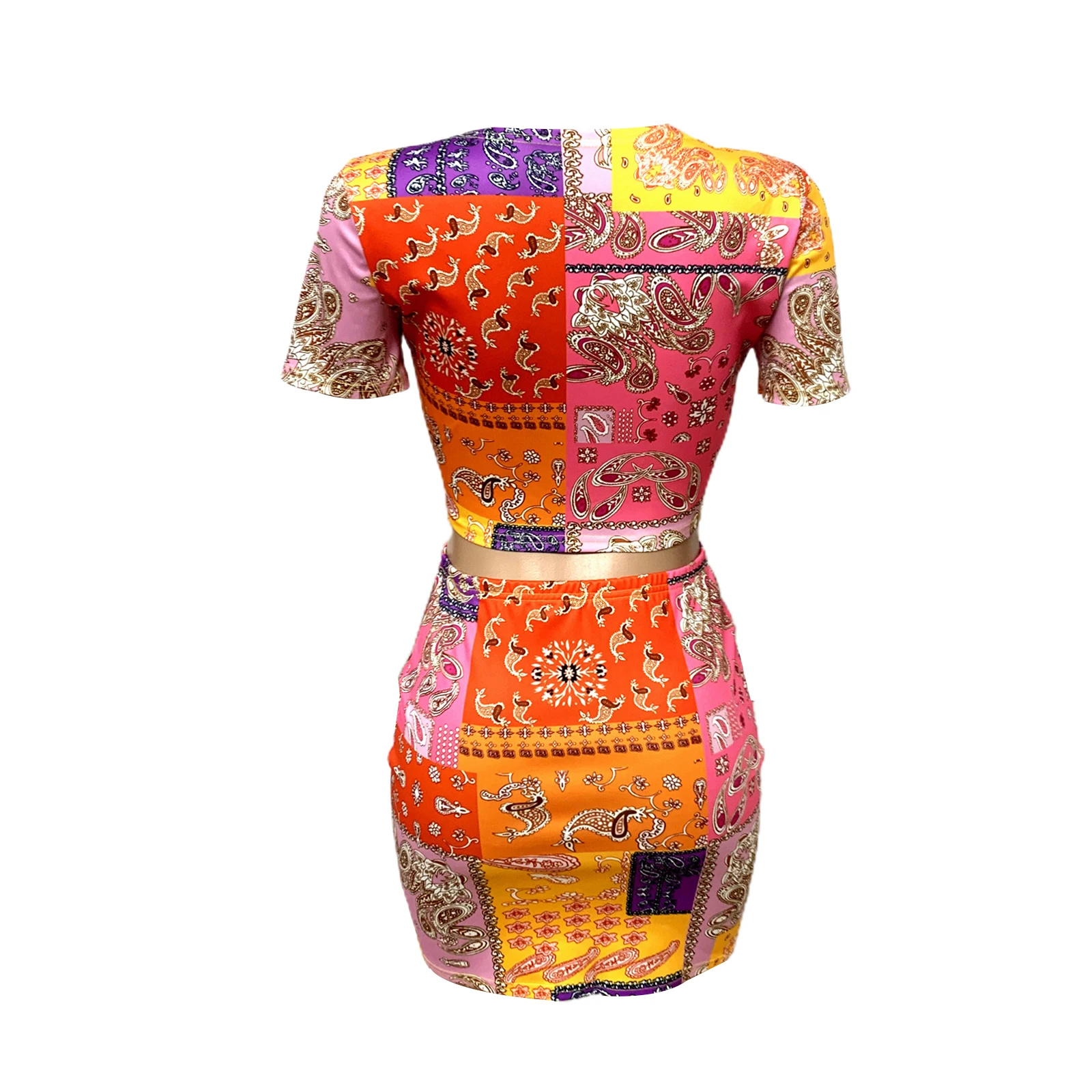 

Skirt Suit Color Block Bandanna Printed Two Piece Set Women Summer Bandage Short Sleeve Crop Top+ Mini Skirt Vintage Tracksuits