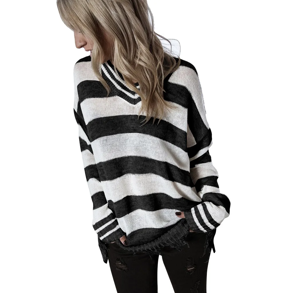 Autumn winter knit sweater women Striped V Neck Pullover Long Sleeve Tassel Hollow Knit Sweaters Jumper Tops jersey mujer#guahao | Женская
