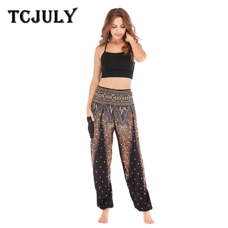 Женские шаровары с принтом павлина TCJULY Свободные повседневные брюки высокой