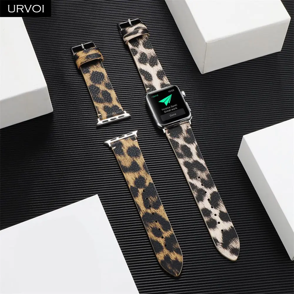 Кожаный ремешок URVOI для Apple Watch series 7 6 SE 5 4 3 2 1 с принтом iWatch ПУ кожа Леопардовый узор