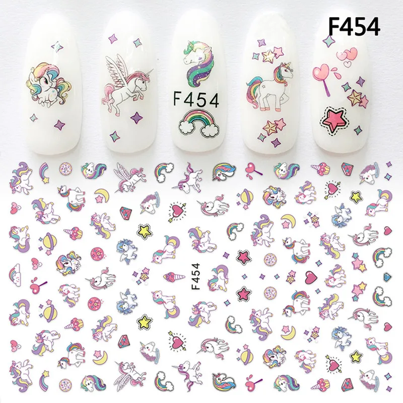 1Sheet F454 Nail Art Sticker Adhesive Unicorn Lavender Flower Super Thin 3D Manicure Decoration Wraps Nail Tips Decal New Design