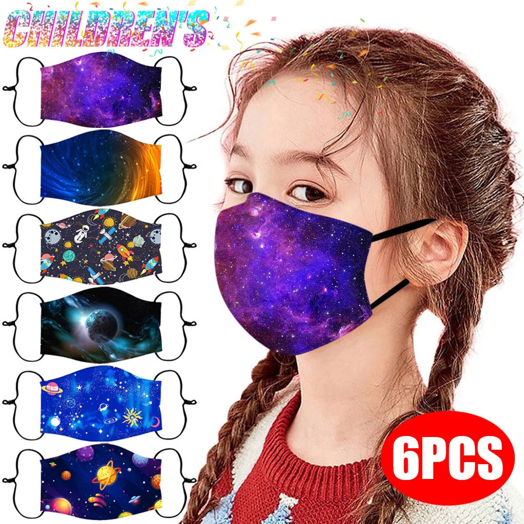 

6pc Cartoon Mouth Masks For Boys Girls Kids Face Cover Children Mouth-muffle Adjustable Reusable Cartoon Space Printed Face Mask