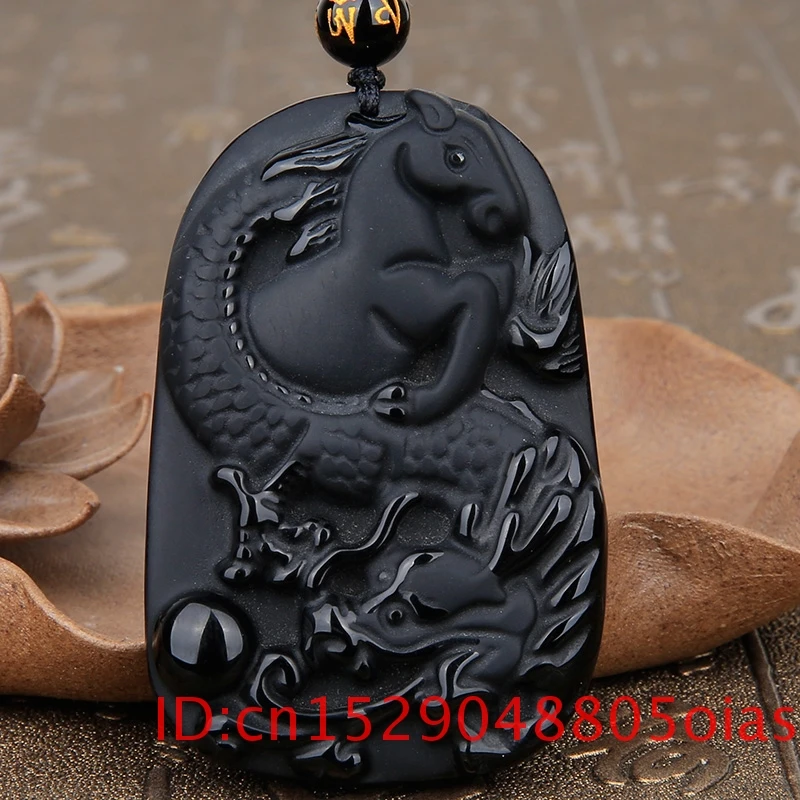 Ожерелье из натуральных черных бусин обсидиана ручная работа дракон лошадь