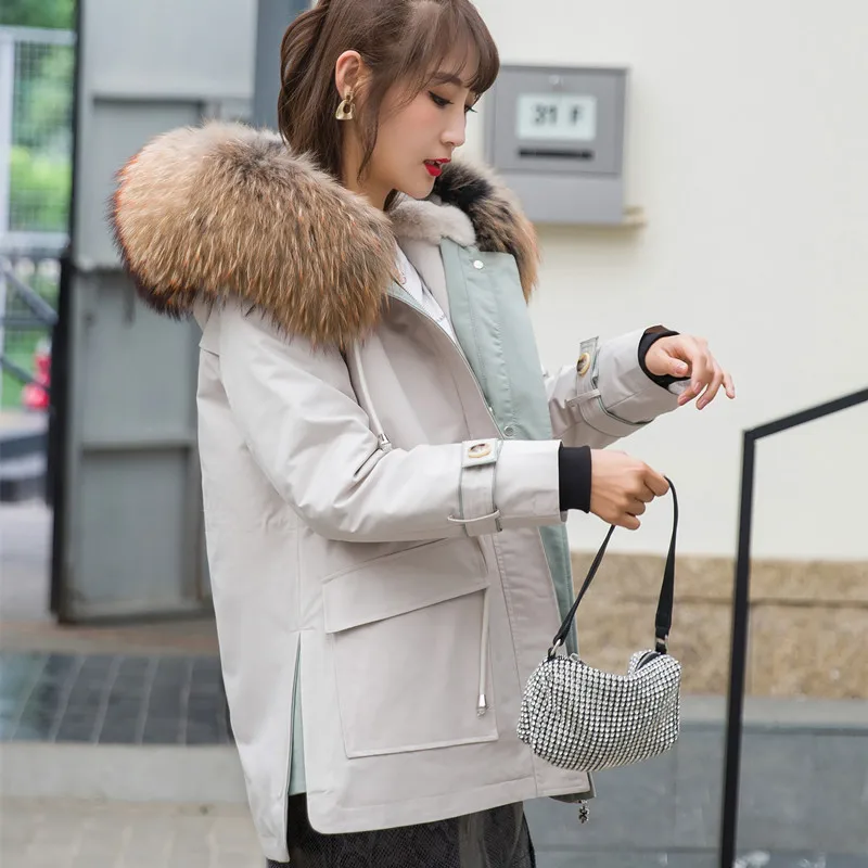 2020 Fxfurs Parka Women's Korean-Style Winter New Real Rabbit Fur Detachable Liner Coat Raccoon Collar Mid-Length | Женская одежда