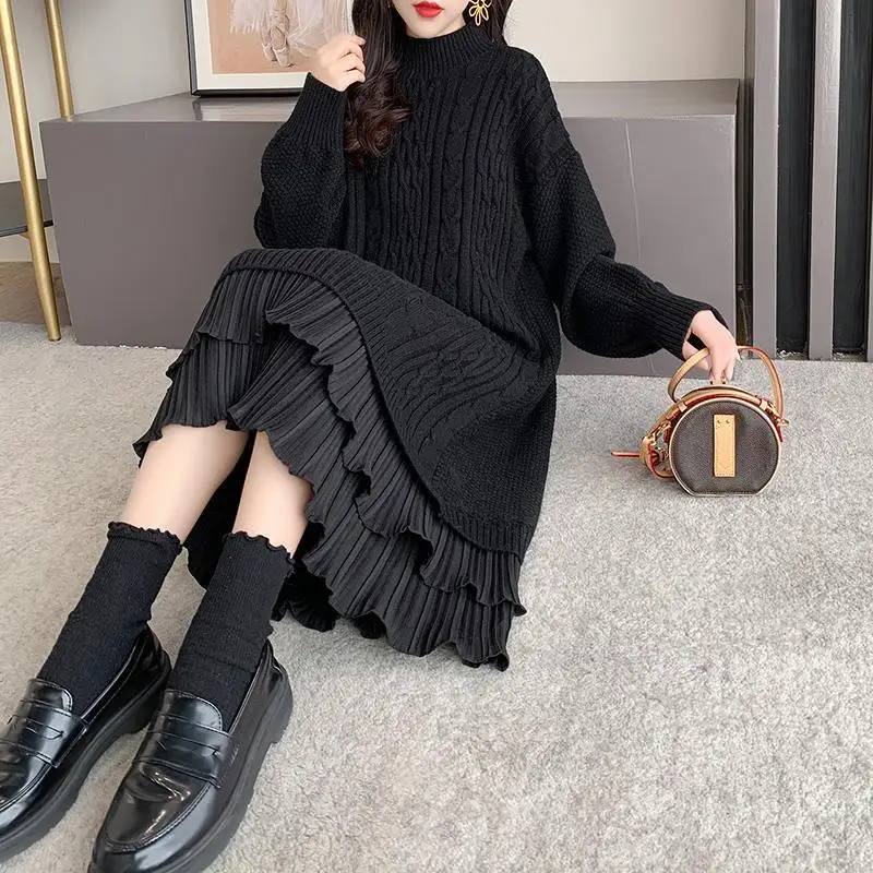 

Women 2021 Autumn Winter Knitted Dress Fashion Sweater Dresses Lady Slim Long Sleeve Casual Lace Stitching Dress Vestidos X388
