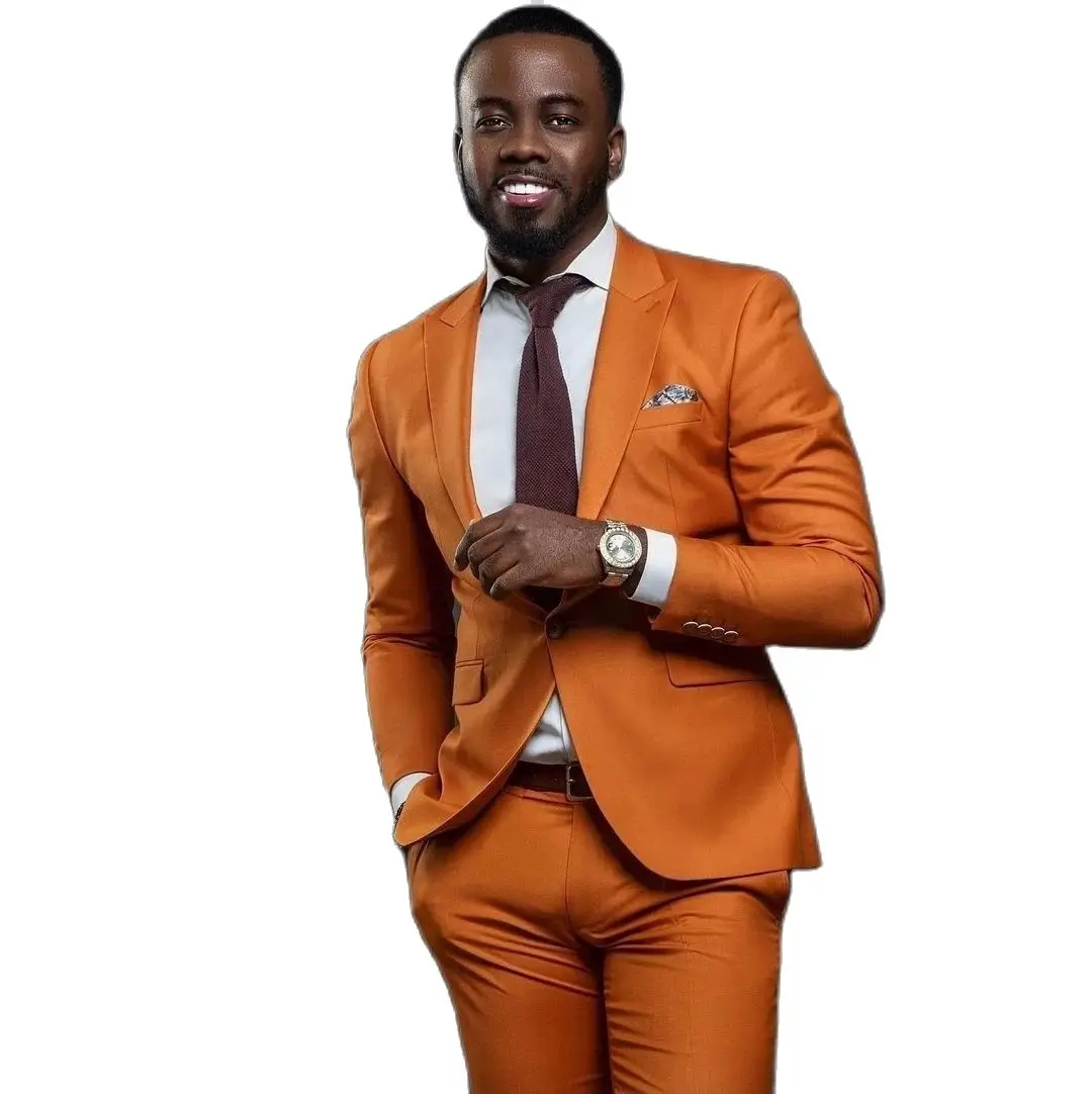 African Orange One Button Men Suits Peak Lapel Costume Homme Wedding Tuxedo Terno Masculino Slim Fit Blazer 2 Pcs Jacket Pants