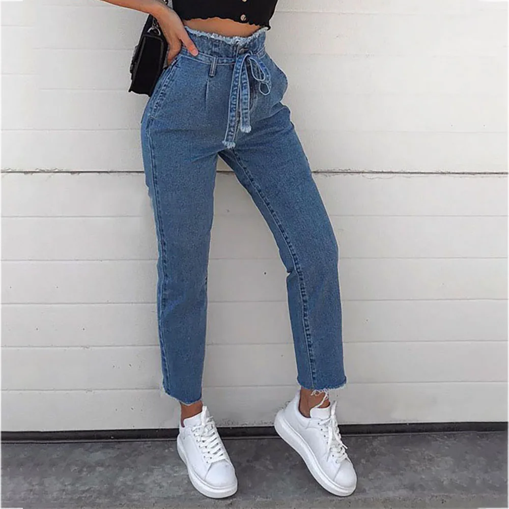 

Women's Raw-Edge Bow Lace Up Feet Stretch Demin Jeans ladies Summer Solid Skinny Jeans Woman Casual Pencil High Waist Jeans