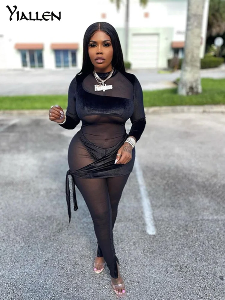 

Yiallen Autumn Velvet Patchwork Jumpsuit Women Sexy Mesh See Through Midnight Cleavage Long Sleeve Lace Up Female Clubwear Hot