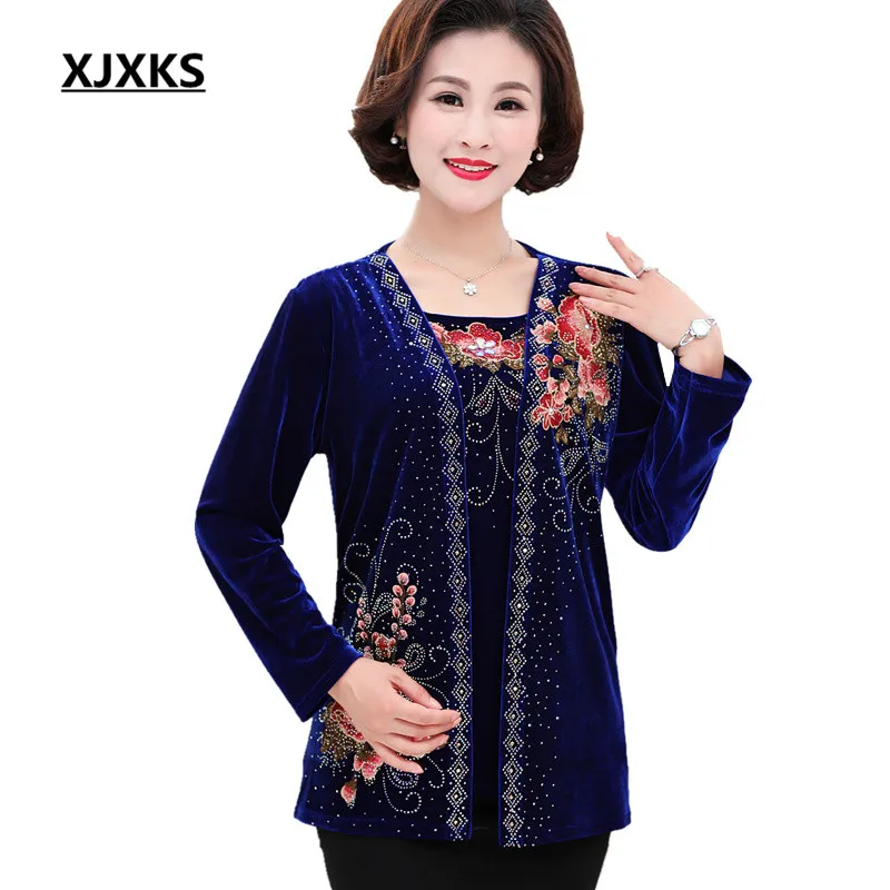 XJXKS Fashion diamond embroidered exquisite women fake two-piece 2019 autumn winter new loose plus size tops | Женская одежда