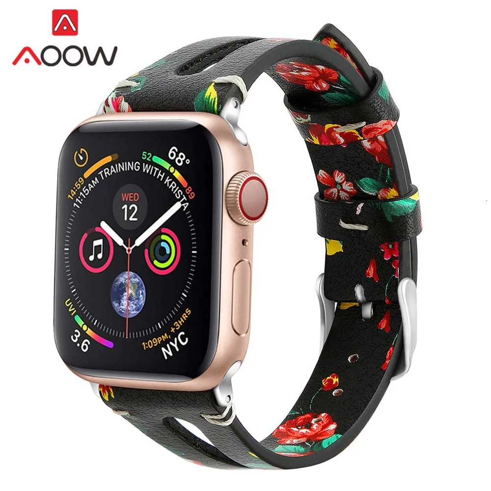 Ремешок из натуральной кожи с принтом для Apple Watch 40 мм 44 мм для iwatch 38 мм 42 мм ремешок серии 4 3 2 1 браслет аксессуары