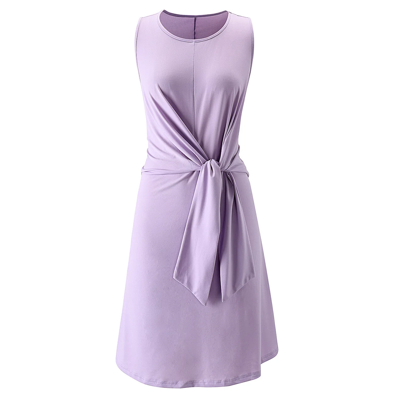 

Summer Women Fashion Sleeveless Crew Neck Tie Waist A line Above Knee Casual Tank Tunic Dress
