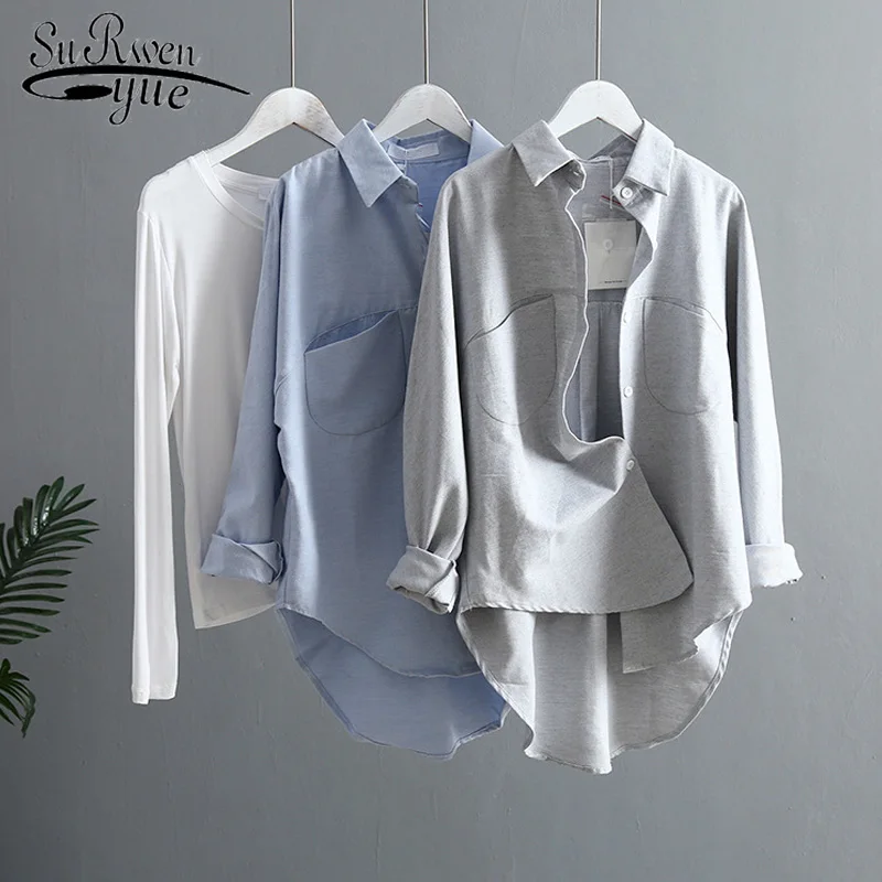 

Blusas Mujer De Moda 2021 Solid Casual Women Blouses and Tops Fashion Elegant Women Shirts New Long Sleeve Pockets Shirt 6658