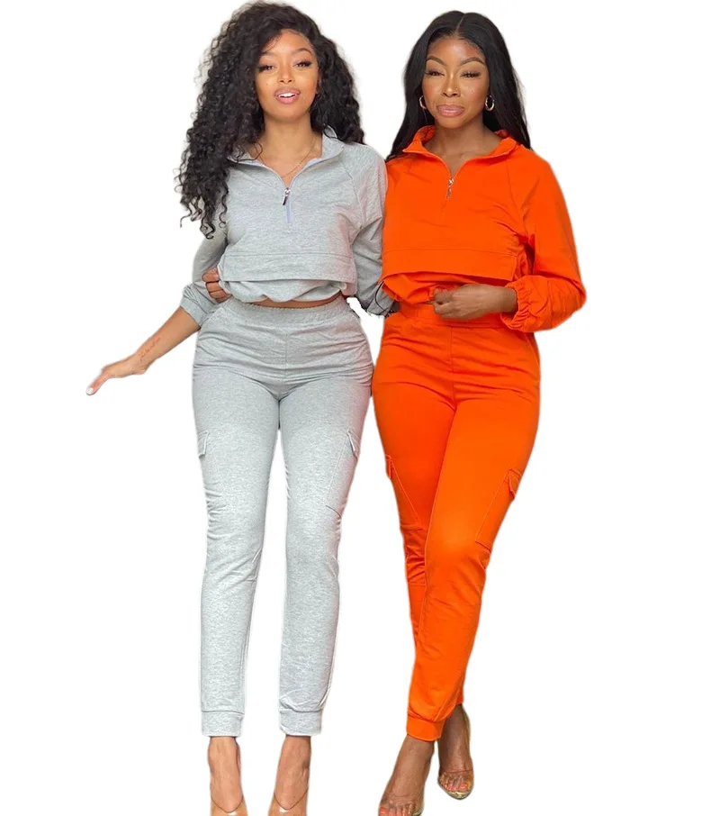 

women fashion Simple pure color long sleeve crop top and tight pants 2 pieces set casual lady fashion tracksuits