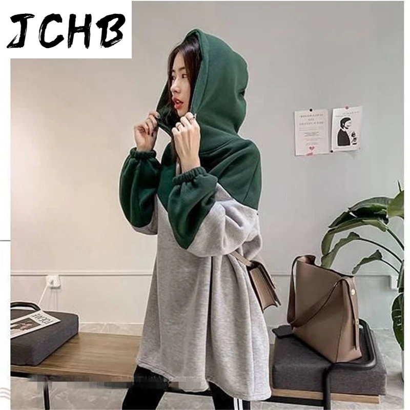 

Thicken Autumn Mid Length Hooded Sweatshirt Women Casual Patchwork Zipper Long Sleeve Loose Pullover Top Female Oversize Hoodies