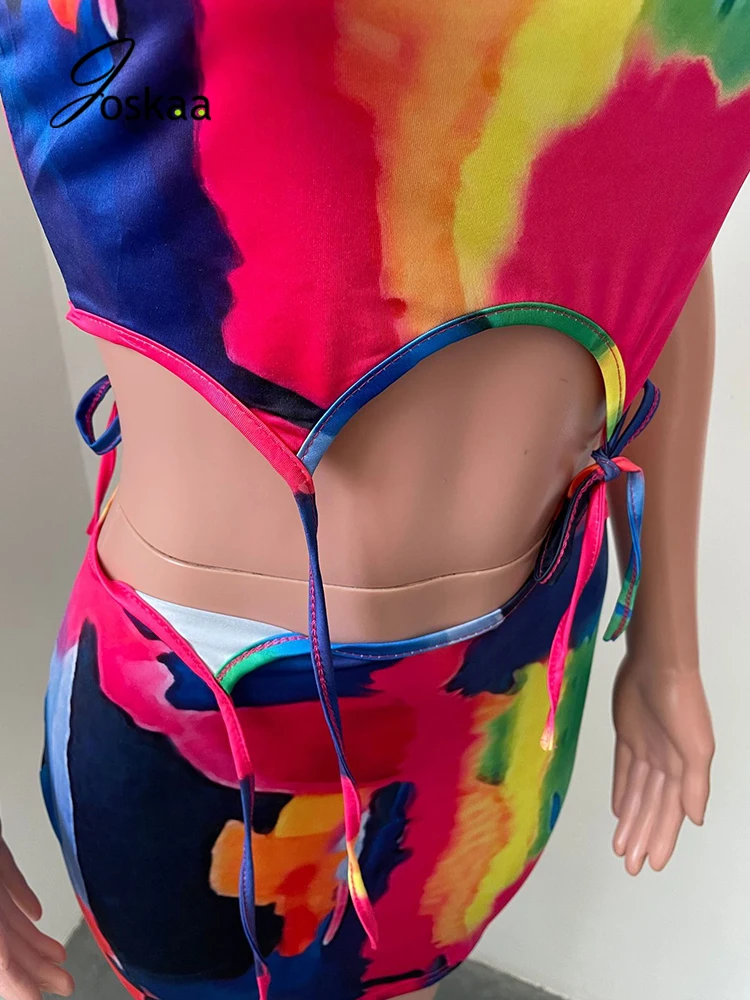 

Joskaa Tie Dye Sleeveless Printed Dress Women Summer Sexy Club Bandage Slim Hips Strench Hollow Out Dresses 2021 Female Clothing