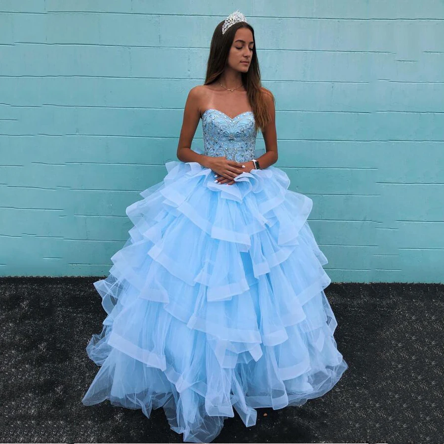 

Sky Blue Ball Gowns Quinceanera Dress Sweetheart Beaded Rhinestones Corset Back Princess Party Gowns Sweet 16 vestido debutante