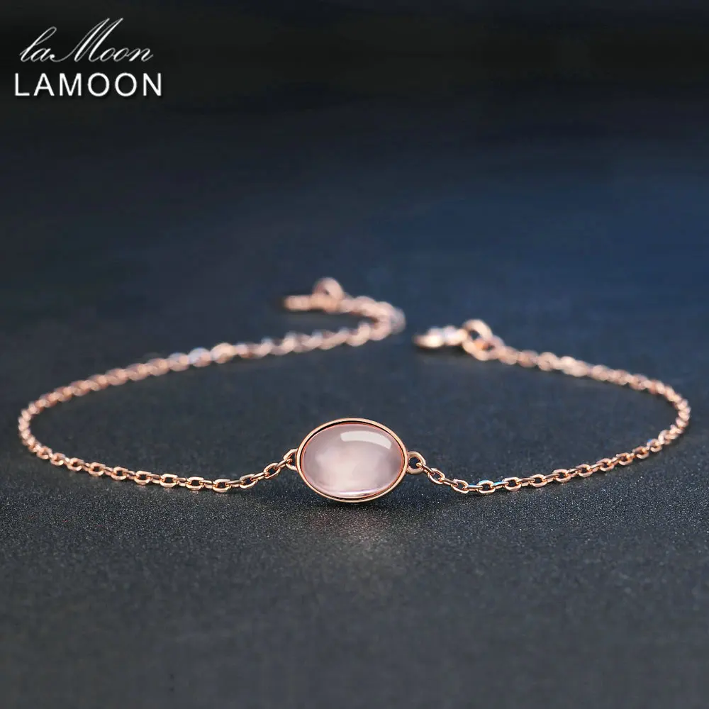 

LAMOON Rose Quartz Bracelet For Women Gemstone 925 Silver Bracelet 18K Rose Gold Plated Fine Jewelry Simple Style LMHI023