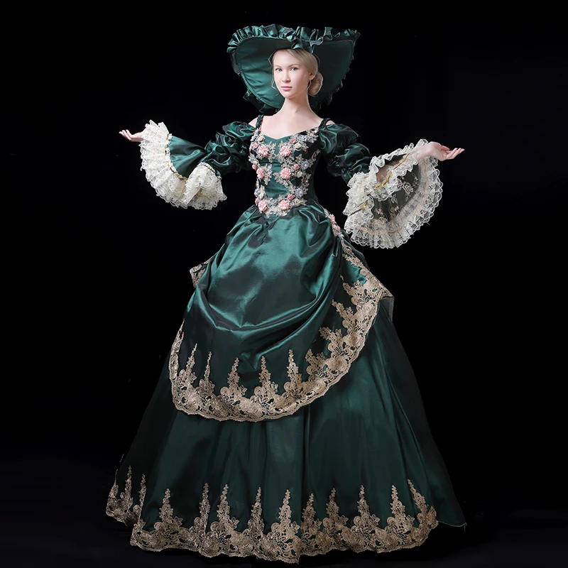 

Brand New 2021 Blue Flare Sleeve Christmas Masquerade Party Dresses Medieval Appliques Marie Antoinette Ball Gowns For Women