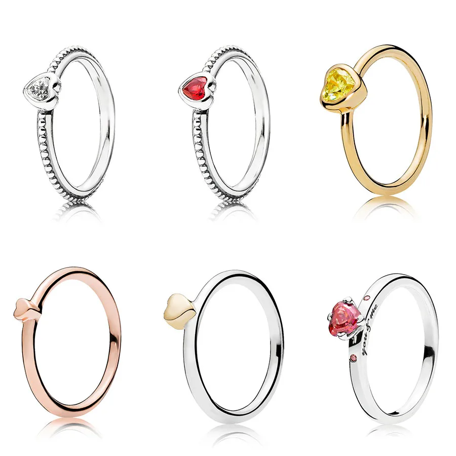 

925 Sterling Silver Ring Charms 6 Style Lovely Heart Yellow Rose Gold Red White Color For Women Jewelry