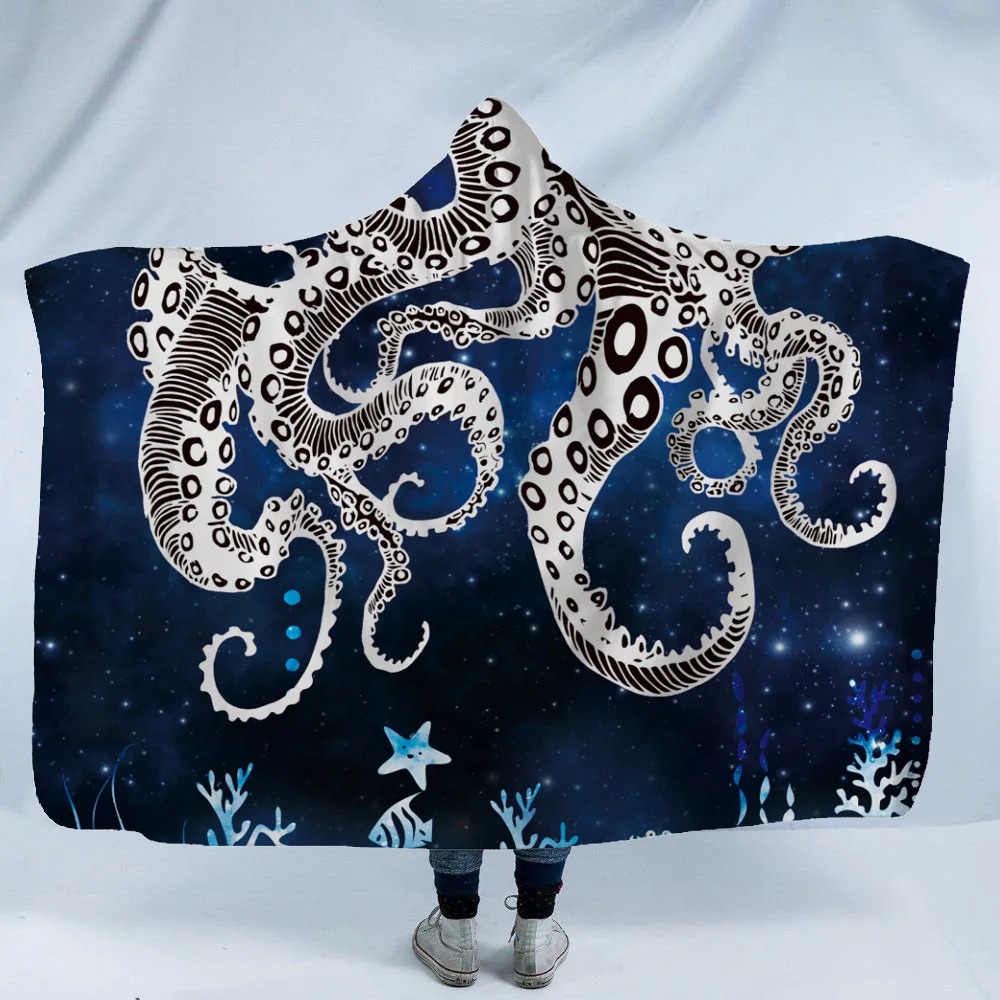Dinosaur Octopus Printed Hooded Blanket Soft Home With Cap Warm Wool Velvet Camping Travel Anime | Дом и сад