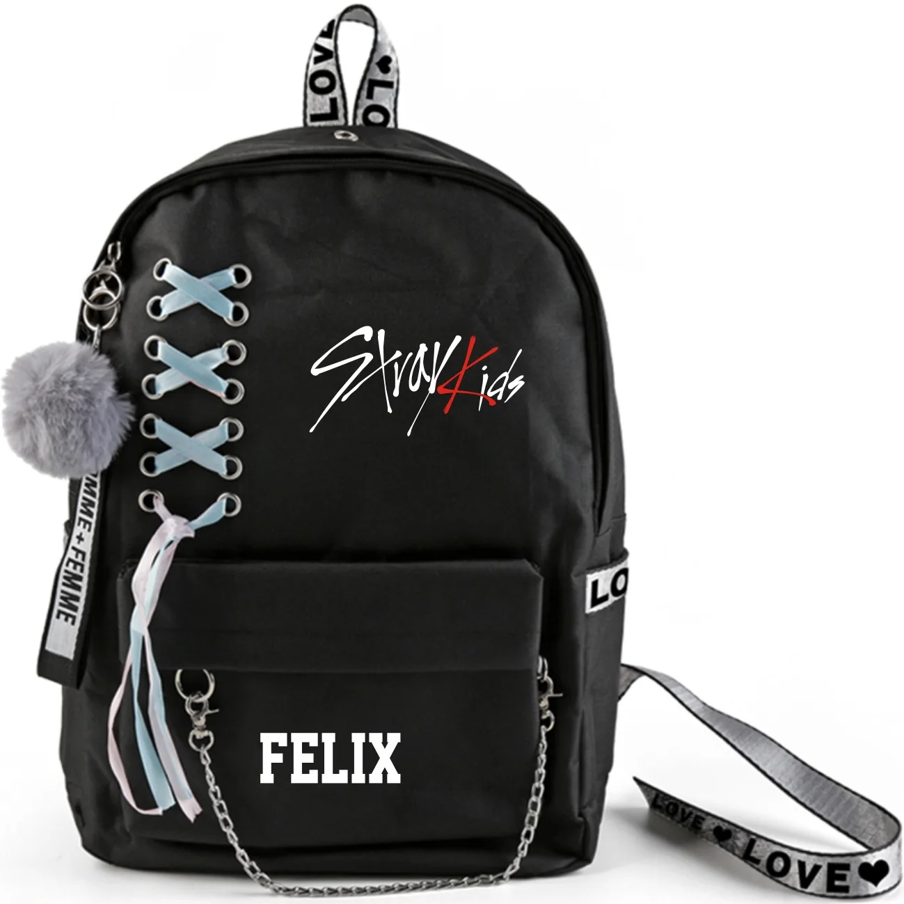 FELIX Kpop Stray Kids рюкзак большой емкости школьные сумки с перекрещивающимися лентами плюшевый шар подвеска страй Детская сумка вентиляторы коллекция - Цвет: FELIX